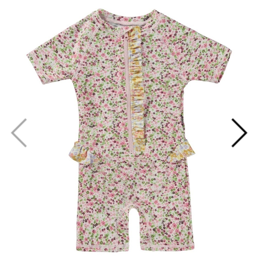 Molo Floral Kids Swimwear - Pink and Green. UV swimsuit